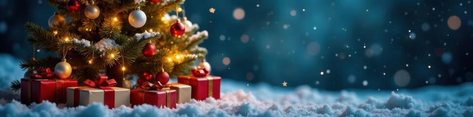 A festive Christmas tree with lights, ornaments and presents surrounded by snowflakes, Christmas Tree, Ornaments, Lights