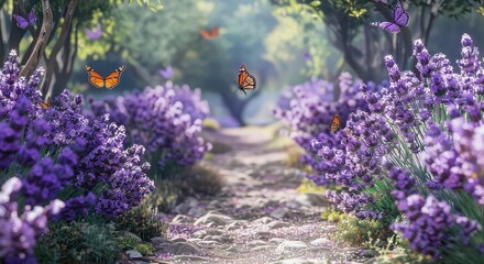 Obraz premium A garden path lined with blooming lavender plants, creating a peaceful atmosphere with butterflies flying around.