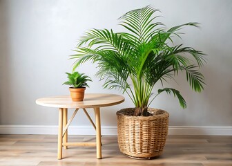 Fototapeta premium table with potted areca palm and woven basket