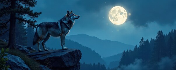 A majestic gray wolf stands on a rocky hilltop howling into the darkness of the forest under the light of a full moon, forest, wildlife