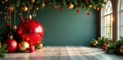 A majestic Christmas ball banner stretched across a room with elegant ornaments and greenery, Ornamented Banners, Winter Interior