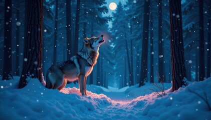 A Lone Howling Wolf in the Snowy Forest at Night, landscape, animals
