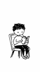 Charming vector illustration of young boy reading book while seated, perfect for educational or children's themes. Depicts literacy, learning, and imagination in vibrant style.