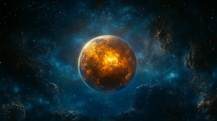 Obraz premium Fiery Planet in Starry Space, A fiery planet with glowing orange surface against a starry space background