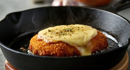 Fototapeta premium Breaded chicken breast topped with melted cheese in cast iron skillet