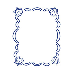 Marine frame of wavy lines, sea shells. Hand drawn blue ink summer holiday border wreath. Vintage sea beach background for greeting cards, wedding, invitations, social media