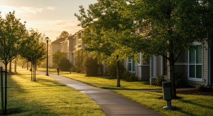 Obraz premium Suburban neighborhood at sunrise with lush green trees and modern homes