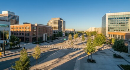 Obraz premium Sunny urban street with modern buildings and trees