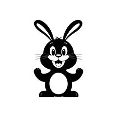 A black and white vector silhouette of a rabbit hopping joyfully with Easter eggs bouncing around on a white background