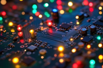Fototapeta premium Electronic circuit board with colorful lights shining brightly. Ideal for illustrating technology, connectivity, and innovation themes.