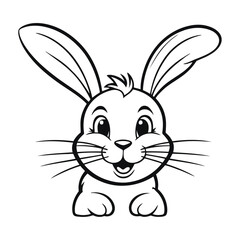 A clean black and white vector illustration of a bunny hiding behind a large Easter egg with a cute expression on a white background