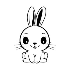 A black and white vector silhouette of a rabbit sitting in an Easter basket filled with decorated eggs on a white background