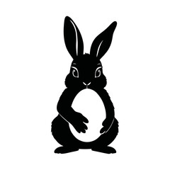 A minimalistic black and white vector illustration of a bunny presenting an Easter egg with excitement on a clean white background