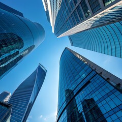 A stunning low-angle view of futuristic glass skyscrapers reflecting the bright blue sky, with curved and sleek architectural designs creating a sense of depth and modernity