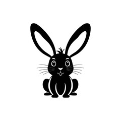 A black and white vector silhouette of an adorable rabbit hopping with excitement near an Easter egg on a white background