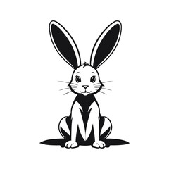 A black and white vector silhouette of a cheerful rabbit with long ears standing beside an Easter basket on a white background