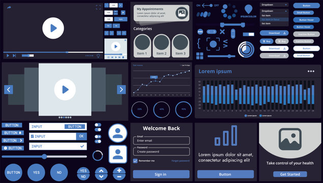 A set of interface elements for apps and websites with a modern design: buttons, menus, charts, and sliders, perfect for finance, business, and multimedia with colorful accents.