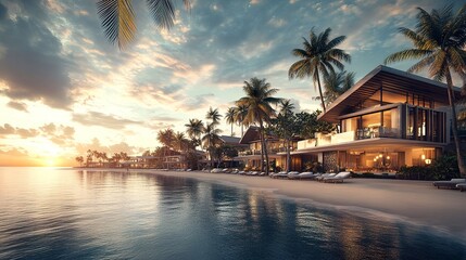 Obraz premium Caribbean sunrise over a beachfront resort, tropical palms framing modern villas, soft golden light reflecting on the calm sea, serene and inviting wide-angle view. 