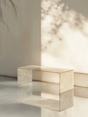 Modern, minimalist console table in a room with a white wall and a plant on the left side. the table is made of a light-colored wood and has a rectangular shape with a smooth surface.