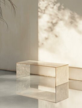 Fototapeta Modern, minimalist console table in a room with a white wall and a plant on the left side. the table is made of a light-colored wood and has a rectangular shape with a smooth surface.