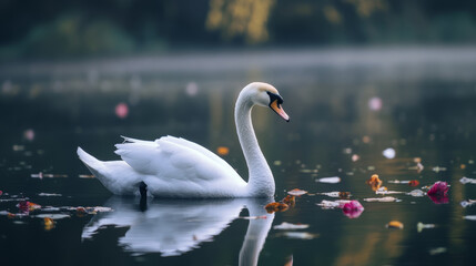 Fototapeta premium A pristine white swan glides gracefully across a tranquil lake with fallen leaves in autumn.
