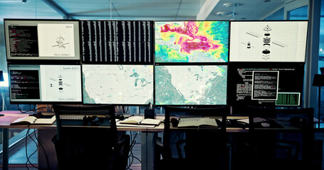 Screen, weather and computer for wind forecast for news, research or ecology in office. Night,...