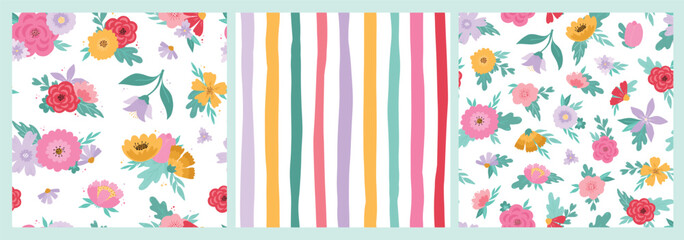 Floral seamless patterns collection with leaves, flowers and stripes for wallpapers, textile prints, backgrounds, wrapping paper, stationery, etc. EPS 10