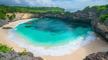 Fototapeta premium A secluded crescent-shaped bay with turquoise waters gently lapping against rugged rocky outcrops.