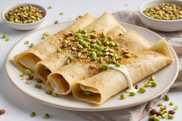 Delicious thin pancakes rolled, topped with pistachios, edamame, and cream.