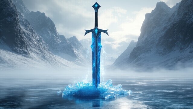 glowing battle sword among ice and snowy mountain landscape