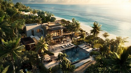 Fototapeta premium Coastal mansion with spacious outdoor living areas, tropical garden and private beach access, vibrant blue ocean stretching to the horizon, soft midday light, aerial view. 