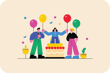 Festive Celebration with Cake and Balloons, Joyful Gathering of Three Friends.