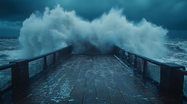 Ocean's Fury: A dramatic view of a pier under attack by a gigantic wave, with the ocean's power in full display and storm is coming
