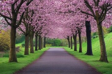 Naklejka premium Dunfermline Park: Cherry Blossom Trees in Spring Landscape