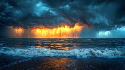 Epic Ocean Storm: A captivating seascape unfolds as a tempestuous storm rages over the vast ocean. The dramatic contrast of dark, brooding clouds against a fiery.