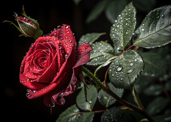 Close-up of a vibrant red rose covered in dew drops.