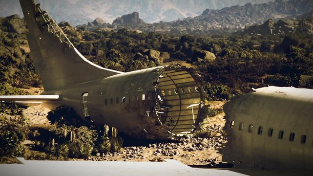 The damaged remains of a plane are scattered across a remote landscape, showing a significant impact on the fuselage. Lush vegetation surrounds the wreckage under a clear sky.