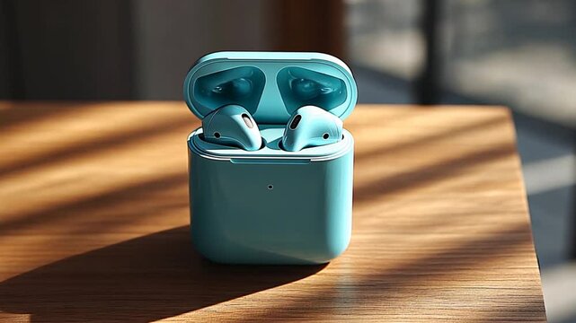 Teal wireless earbuds case on wooden table