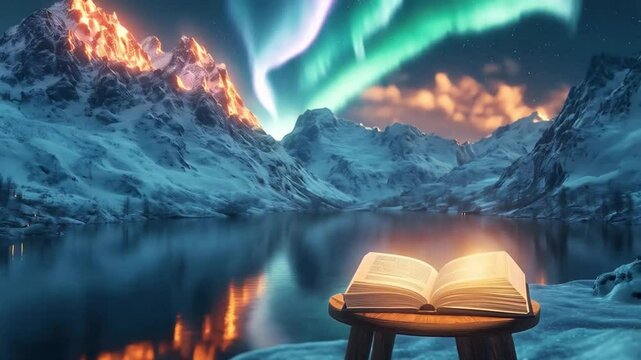 Enchanting video background, glowing open book illuminating yellow light by a snowy mountain lake, magical night
