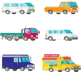Vector freight trucks and minivans set in half isometric flat style