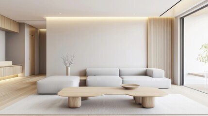 Japandi minimalist interior, perimeter LED ceiling lighting, low neutral sofa, pale wood table, balanced light and depth
