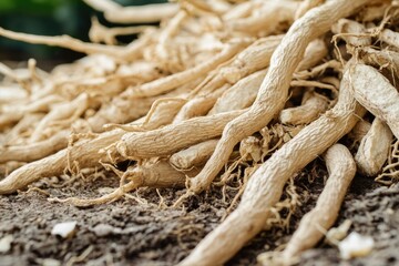 Fototapeta premium Eleuthero Root Pile: Dried Siberian Ginseng Herbal Medicine on White Background