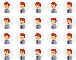 Vector young adult man avatars and emoticons set in flat style, side view.