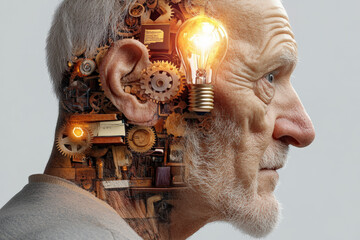 Senior Man with Gears and Lightbulb in Brain Concept 