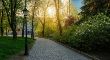 Obraz premium Tranquil park walkway at sunrise, surrounded by trees and greenery