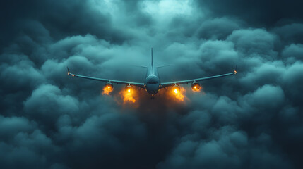 Navigating the Storm: A commercial jet soars through a tempestuous sky, its engines blazing with fiery energy.