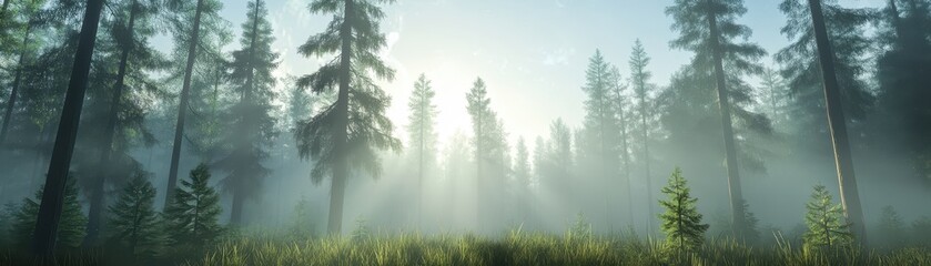 Obraz premium Misty forest trees in foggy landscape, mysterious woods nature scene 