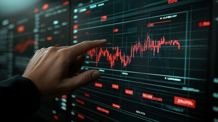 Obraz premium Stock market analysis and investment concept, finger touching a stock display, showcasing finance technology integration.