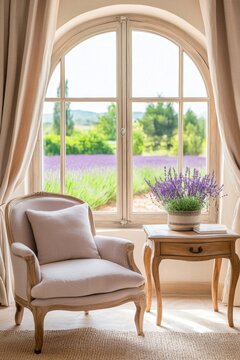 Provence hotel room in lavender tones, arched window with view on lavender field, natural textiles, light wooden furniture, airy feel