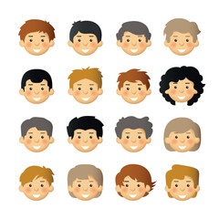 Different hairstyle for men with rosy cheeks. Vector avatars set.